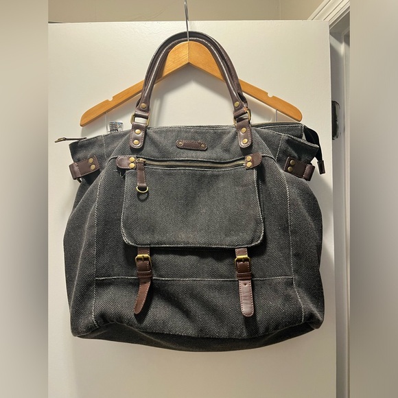 BDG BLACK CANVAS TOTE BAG WITH LEATHER HANDLES. - Picture 1 of 12